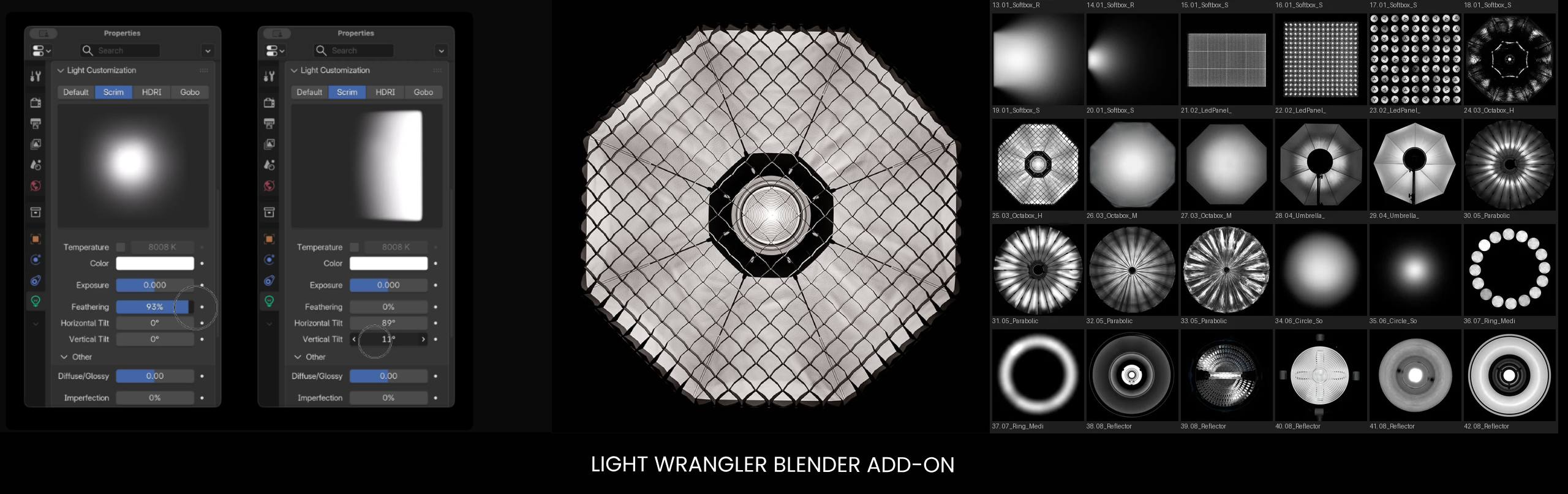 light wrangler blender add-on for softboxes, grids and other photographic light types