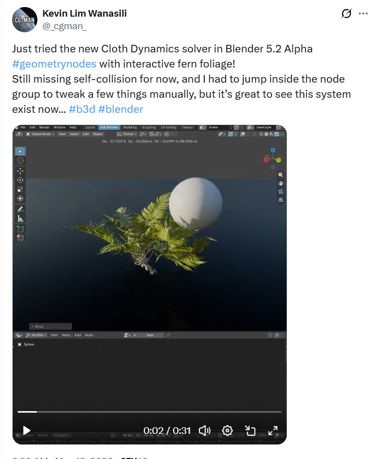 New cloth dynamics in Blender 5.2 (Geometry Nodes)