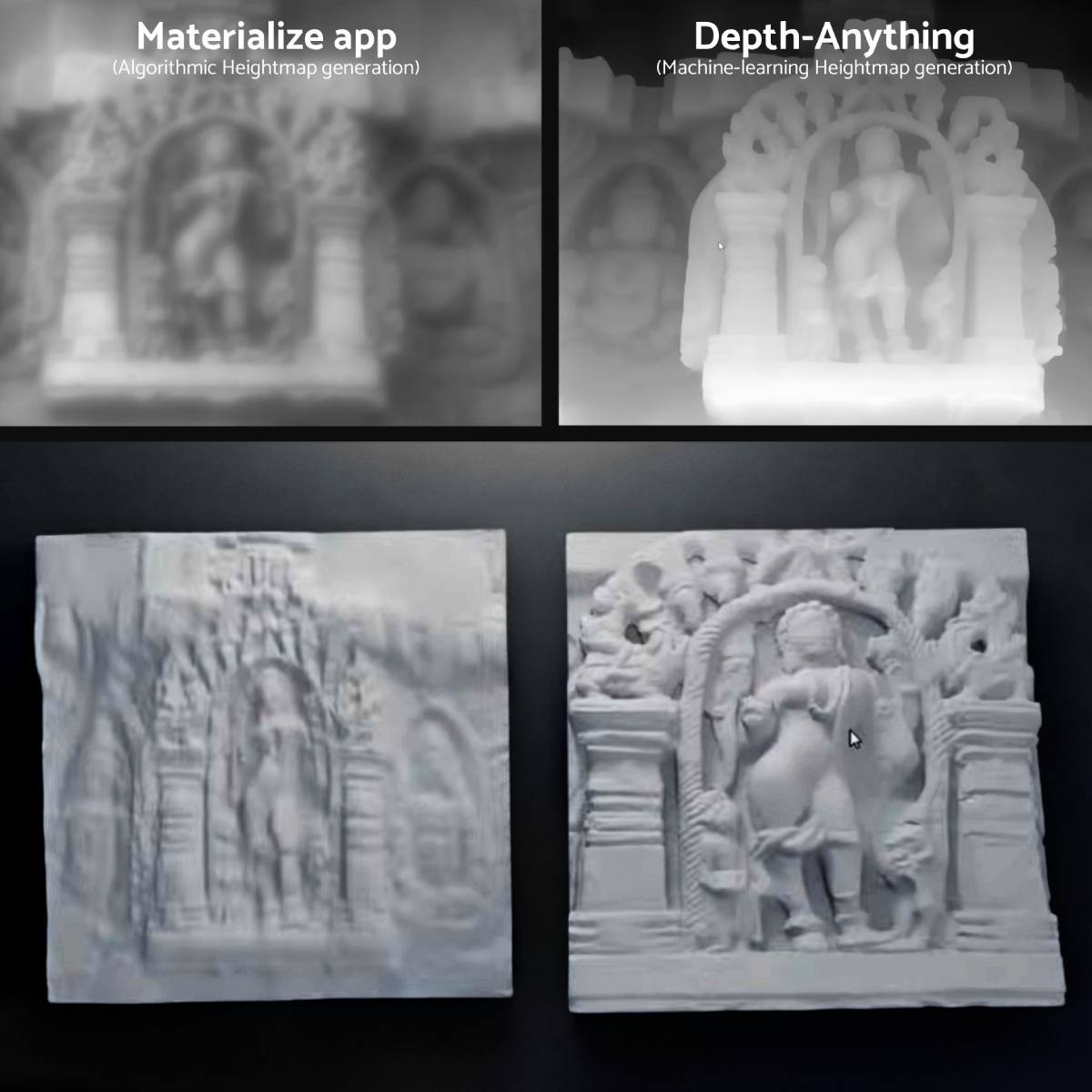 materialize (algorithmic 2d-to-depth) vs depthanything (machine learning)