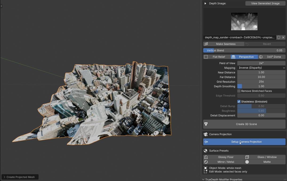 perspective mapping (camera mapping) in true depth v3 blender